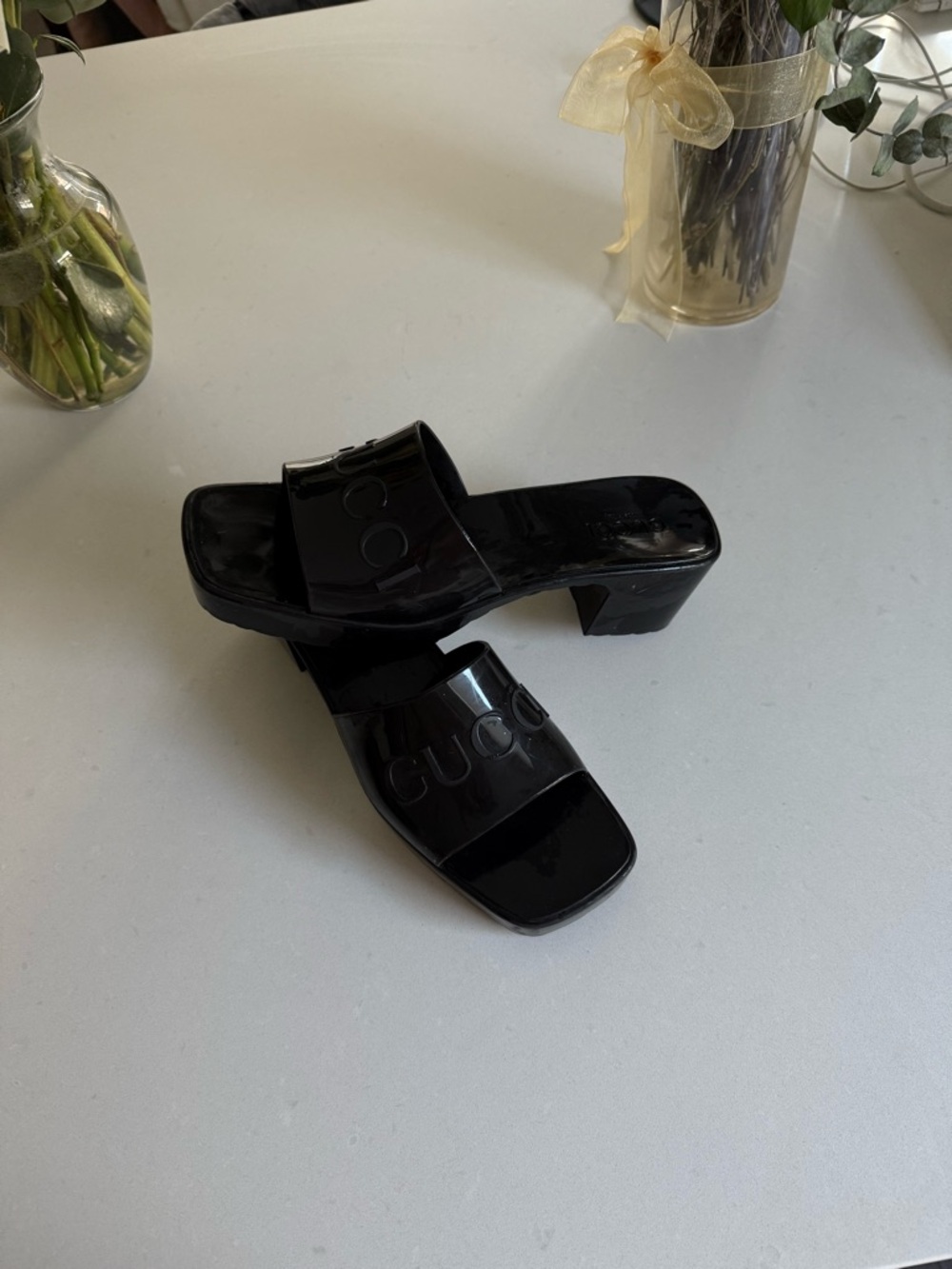 Authentic Gucci Black Patent Slide Mules with Embossed Logo